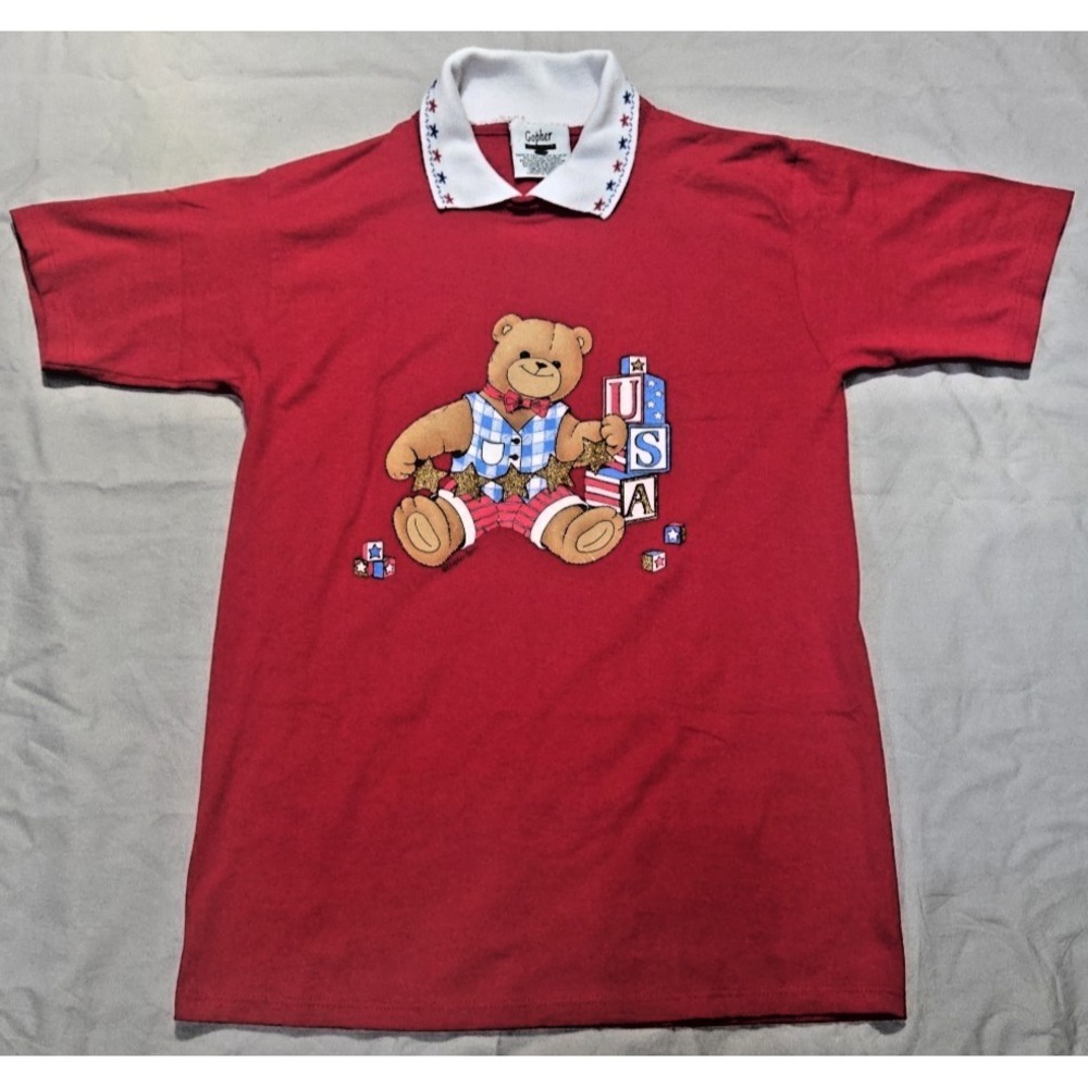 Gopher Sport VTG Americana Bear Made In USA Graphic Collared Polo Red Shirt Sz L